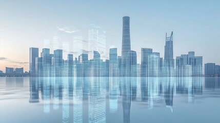 Fototapeta premium Modern city skyline reflected in water with digital overlay