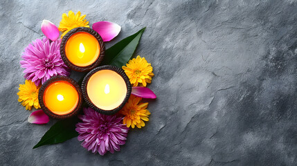 Top View Bright Candle Arrangement with Flowers on Stone Background. Ai Generated Images