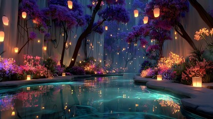 Glowing lanterns decorate peaceful botanical pond high resolution photo