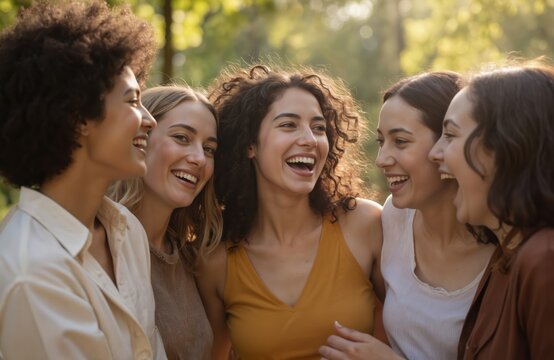 Five diverse young women share joyful moment in park. Happy multiethnic girls laugh, bond outdoors, enjoying friendship. Female students smile, walk casual attire, embrace positive lifestyle, fun in