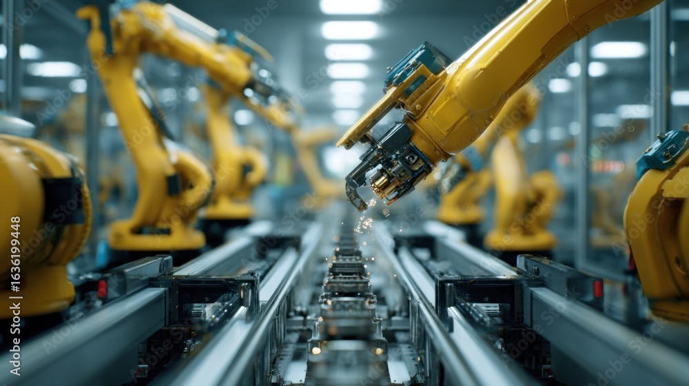 Poster a closeup of interconnected robotic conveyors transporting newly fabricated fuel components highligh