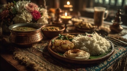 Aromatic Indian Cuisine Dinner with Flowers and Candles Ambiance Setting