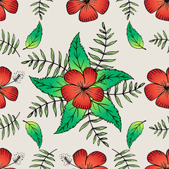 Seamless pattern with hibiscus flowers and leaves. Vector illustration.