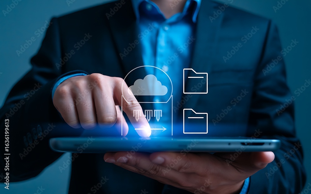 Poster businessman using tablet with cloud data transfer image