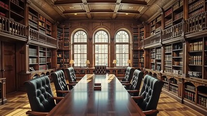 Elegant library conference room with wooden decor and books - Powered by Adobe