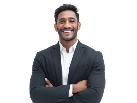 Smiling Indian Businessman in Formal Suit with Arms Crossed, Front View, Isolated on Transparent Background