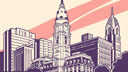 Obraz premium Philadelphia skyline vector ideal for city promotions, travel brochures, posters, and website banners showcasing iconic cityscape design.