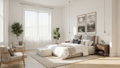Modern bedroom interior illustration with minimalist design. Soft daylight illuminates cozy space with bed, carpet, plants, bedside tables, pictures, lamps. Comfortable interior design in light