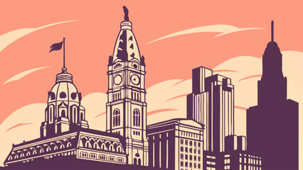 Fototapeta premium Philadelphia skyline showcasing city buildings in orange silhouette suitable for travel brochures, city guides, postcards, websites. Ideal for urbanthemed designs.