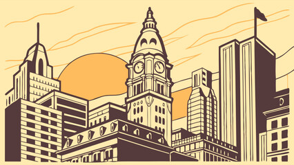 Fototapeta premium Philadelphia skyline vector art with city hall, suitable for travel websites, brochures, city guides, postcards, souvenirs, and social media.