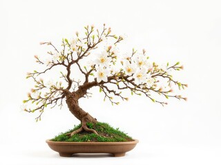 Delicate Plum Blossom Bonsai in Springtime, Isolated on White