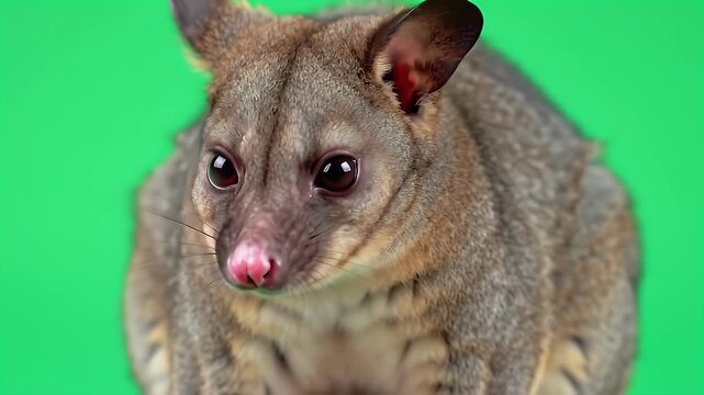 Adorable Small Marsupial with Big Eyes and Pink Nose on a Vibrant Green Screen Background, Studio Portrait of a Cute Possom for Easy Compositing