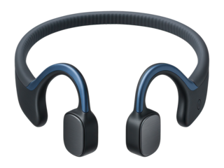 Bone conduction headphones with an adjustable silicone strap and metallic blue accents
