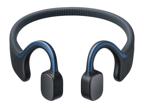Bone conduction headphones with an adjustable silicone strap and metallic blue accents