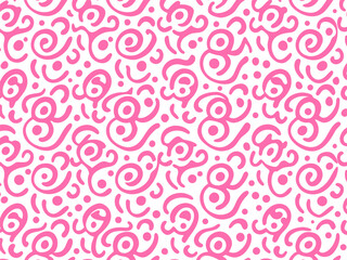 A playful, seamless pattern featuring hand-drawn pink swirls, curls, and dots scattered across a clean white backdrop.