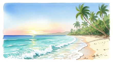 Obraz premium Watercolor Tropical Beach Scene with Palm Trees and Gentle Waves at Sunset