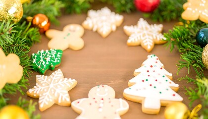 Christmas cookies arranged on a wooden surface