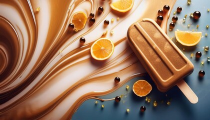 Vibrant advertisement showcasing a refreshing treat with a brown resin pattern and marbled textures surrounded by citrus and berries