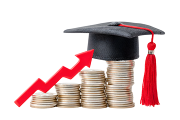 Conceptual Educational Savings Stacking Coins with Graduation Cap and Arrow Design. Ai Generated Images