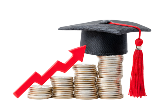 Conceptual Educational Savings Stacking Coins with Graduation Cap and Arrow Design. Ai Generated Images
