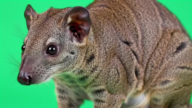 Close-up Portrait of a Striped African Genet Against a Bright Green Studio Background, Highlighting its Unique Fur Pattern and Alert Expression