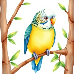 Colorful budgerigar sitting on branch with green leaves  