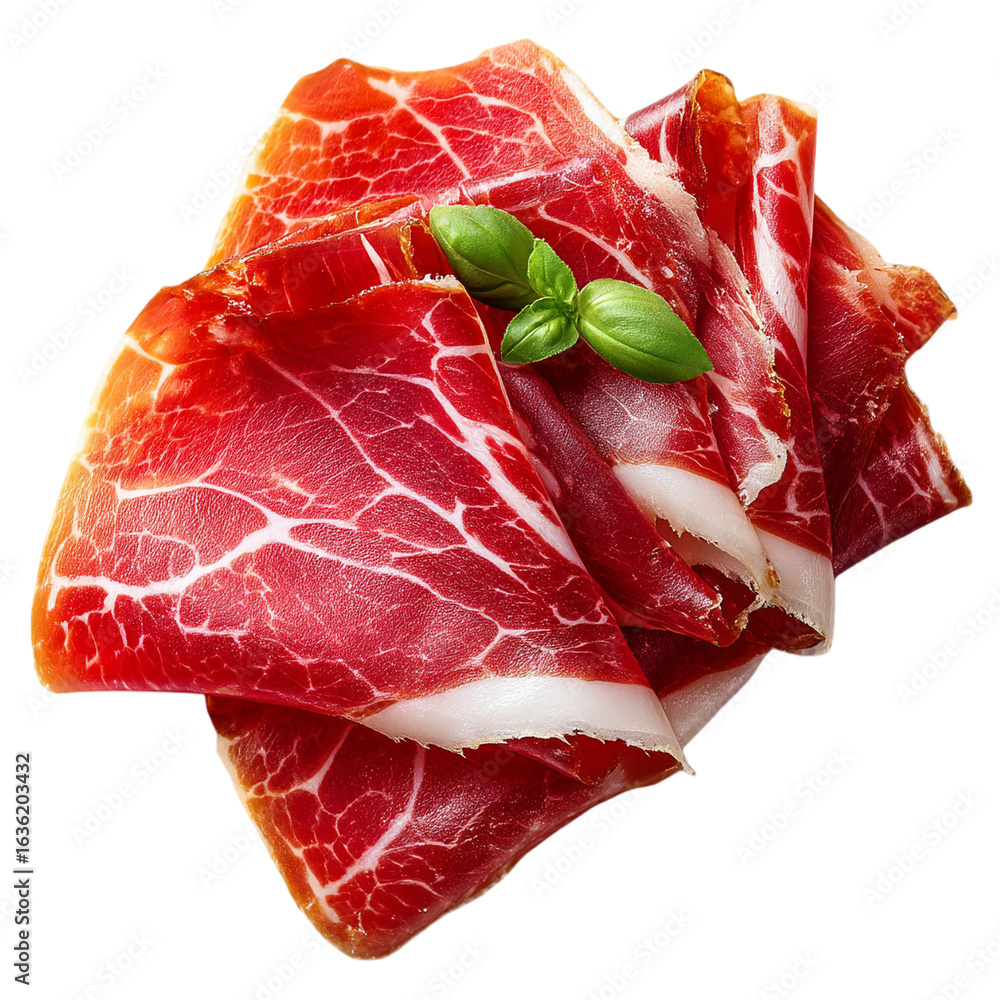 Poster close up of prosciutto slices with basil garnish on a black background isolated on transparent backg