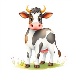 Cartoon cow standing on grass with a playful expression  