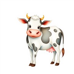 Cartoon cow with black and white spots standing on white background  