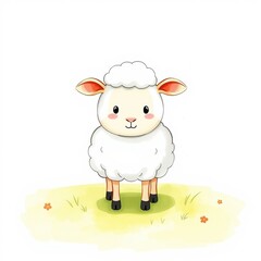 Fototapeta premium Cute cartoon sheep standing on grass with flowers 