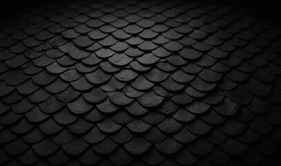 Dark scaled pattern background. Black scales texture, seamless design. Repeatable abstract design for wallpaper, decor, roof, metal, fish skin, armor. Modern background, abstract design.