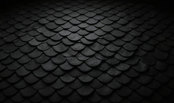 Dark scaled pattern background. Black scales texture, seamless design. Repeatable abstract design for wallpaper, decor, roof, metal, fish skin, armor. Modern background, abstract design.