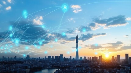 Naklejka premium Smart City Network Skyline