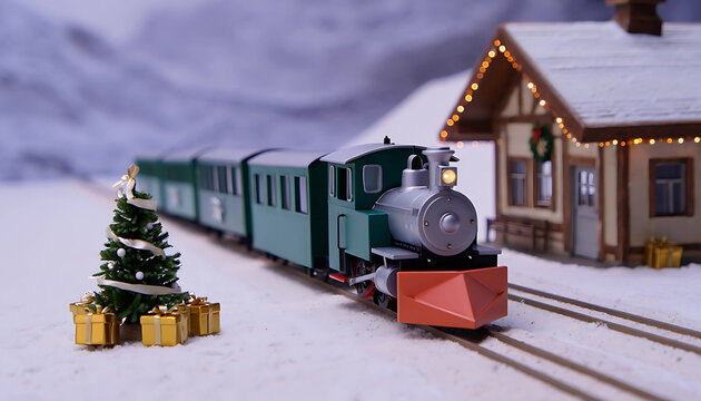 An old diesel train engine transports freight down a snowy railway track in winter