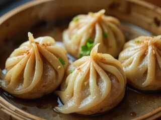 Delicate Thai Steamed Pork Dumplings, Khao Griep Pag Mor, Close-up View