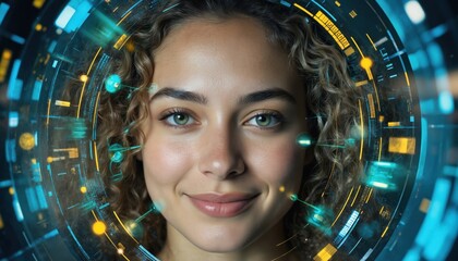 Smiling young woman with futuristic interface, technology background. Artificial intelligence, AI, data processing, network connection concept. Female with curly hair. High-tech tech, innovation,