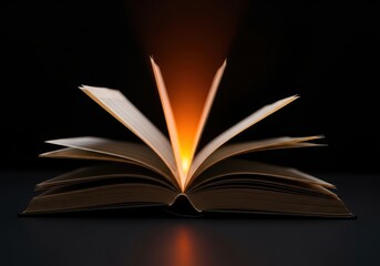 Open book with light shining from the pages on a dark background