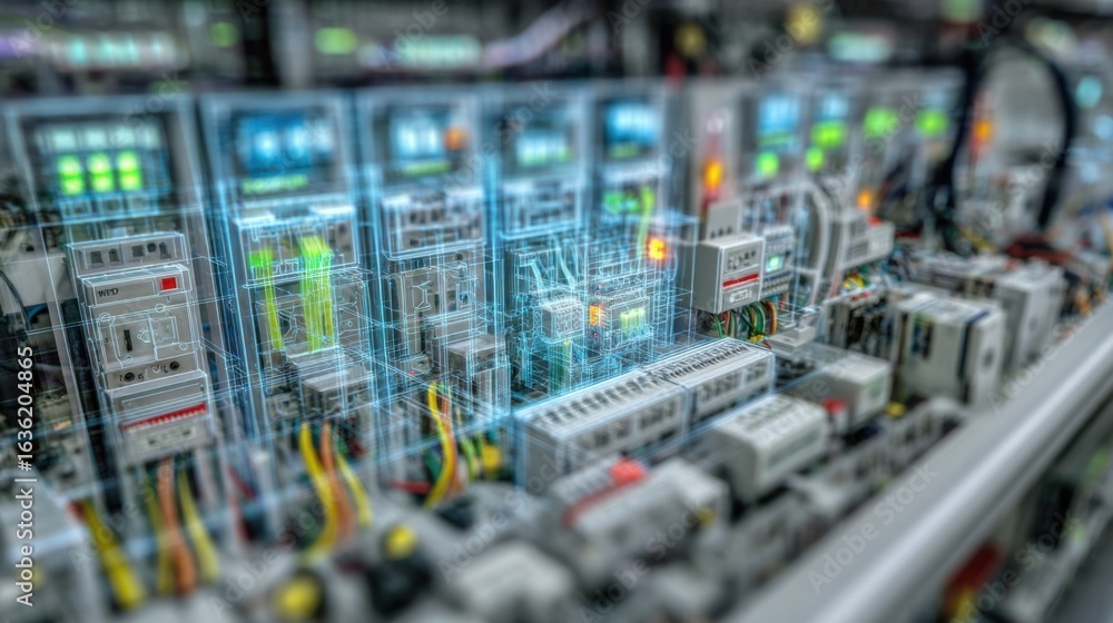 Poster detailed shot of interconnected cables and circuits on a control panel reflecting the complex networ