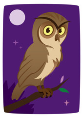 Cartoon Wisdom Owl Perched on a Branch at Night dark purple tone