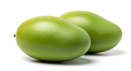 Two ripe green mangoes on a white background