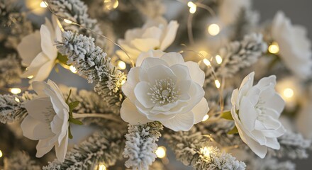 Fototapeta premium White flowers adorn a snow-dusted Christmas tree with twinkling lights