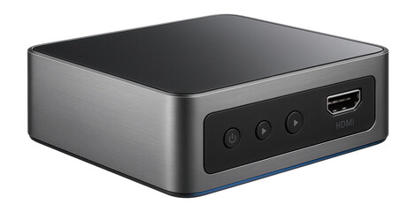 Multimedia center with dual HDMI outputs and a brushed metal finish for home theater setups