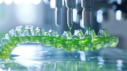 Advanced 3D bioprinting of human spinal cord segments, vertebral structure printing process, translucent spinal fluid simulation, high-precision robotic arms, sterile biotechnology chamber