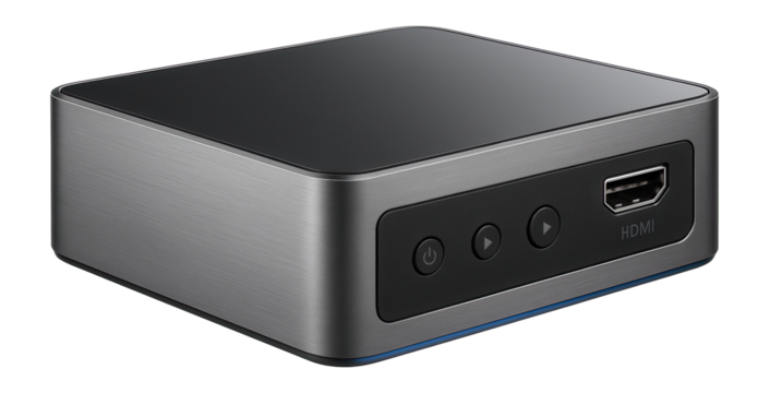 Multimedia center with dual HDMI outputs and a brushed metal finish for home theater setups