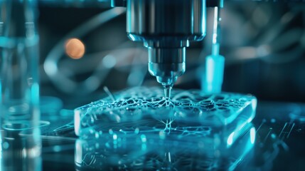 Revolutionary bioprinter creating human brain tissue, intricate neural pathways visible in bio-ink, microscopic detail of synaptic connections, modern neuroscience laboratory