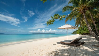 Obraz premium Two lounge chairs under umbrella on white sand beach. Clear turquoise sea and blue sky with clouds in tropical paradise with palm trees. Summer vacation at ocean coast.