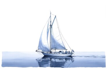 Fototapeta premium Watercolor sketch sailboat with people onboard sailing calm ocean. Classic design yacht at sea, nautical vessel, leisure activity. Holiday travel vacation, summer escape with family friends.