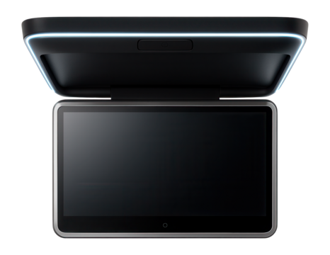 Ceiling-mounted car TV with an ultra-thin profile and ambient LED lighting accents