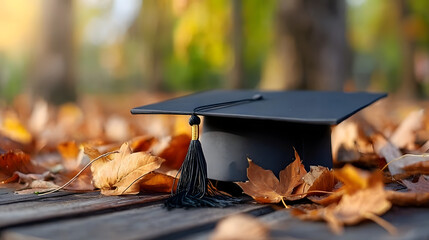 Autumnal Still Life Graduation Cap on Wooden Table with Fallen Leaves. Ai Generated Images
