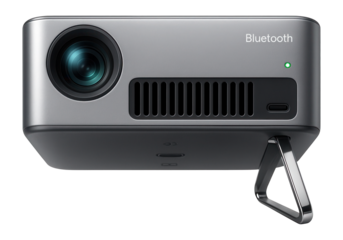 Bluetooth-enabled pocket projector with a metallic finish and integrated kickstand